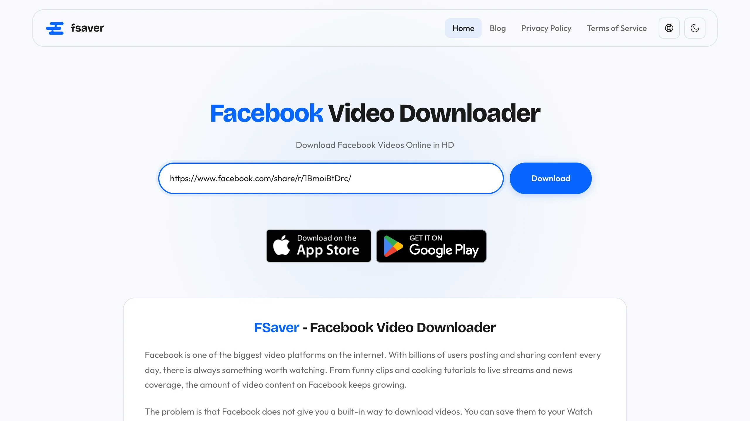 Paste a Facebook video link into FSaver